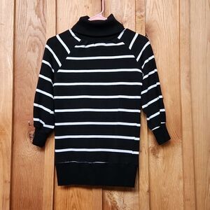 Poof Turtleneck Stretch Bodycon 3/4 Sleeve Sweater Small Black & White Stripes